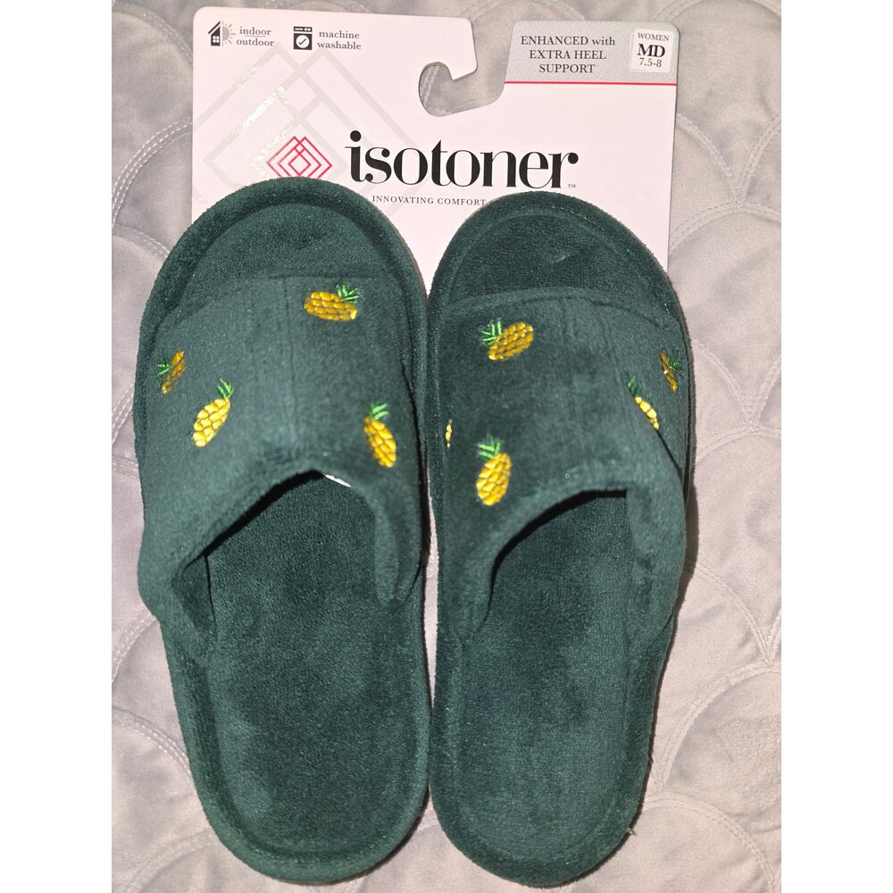 New Isotoner Embroidered Pineapple Indoor/Outdoor Slippers, Women's size 7.5-8